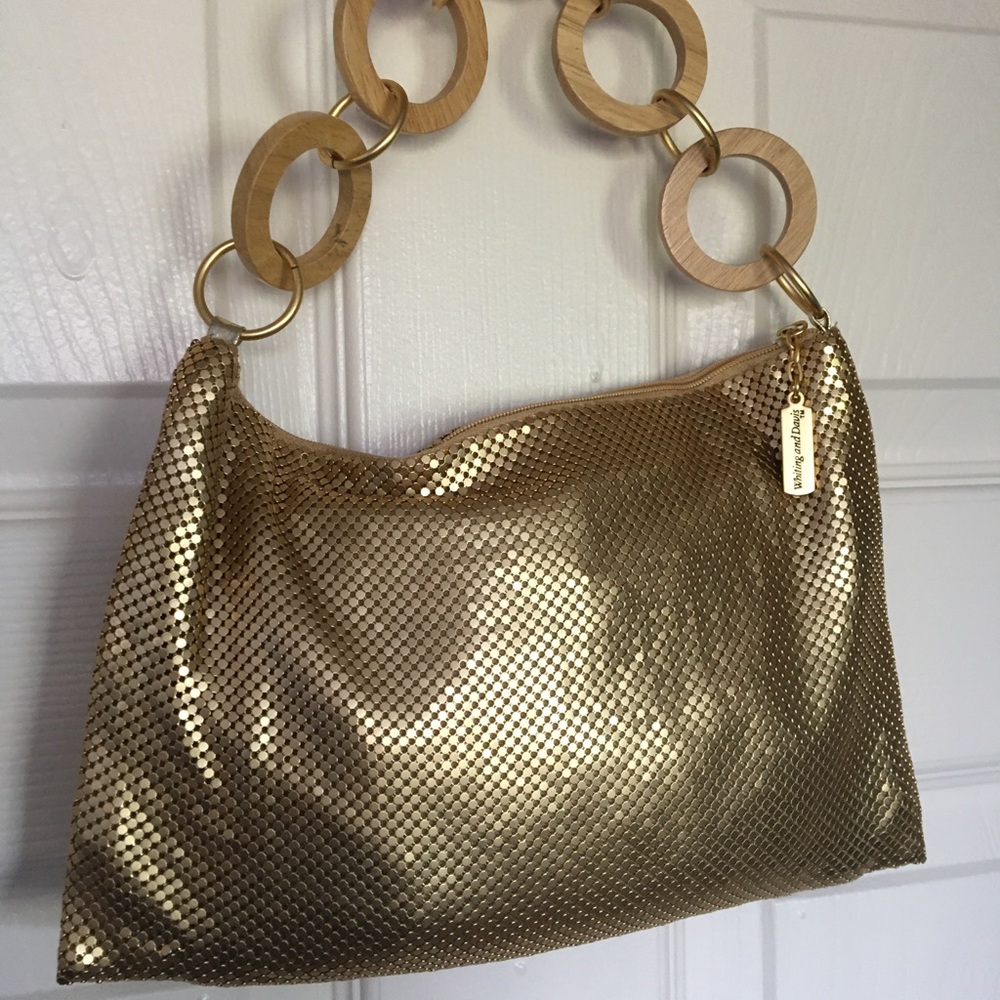 Whiting Davis Gold Mesh Purse 10x7 Wooden Handle